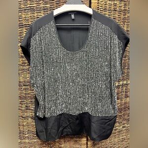 Eileen Fisher- Black Blouse- Crep Silk‎ Sequin Rivulet Cap Sleeve Shirt- Large